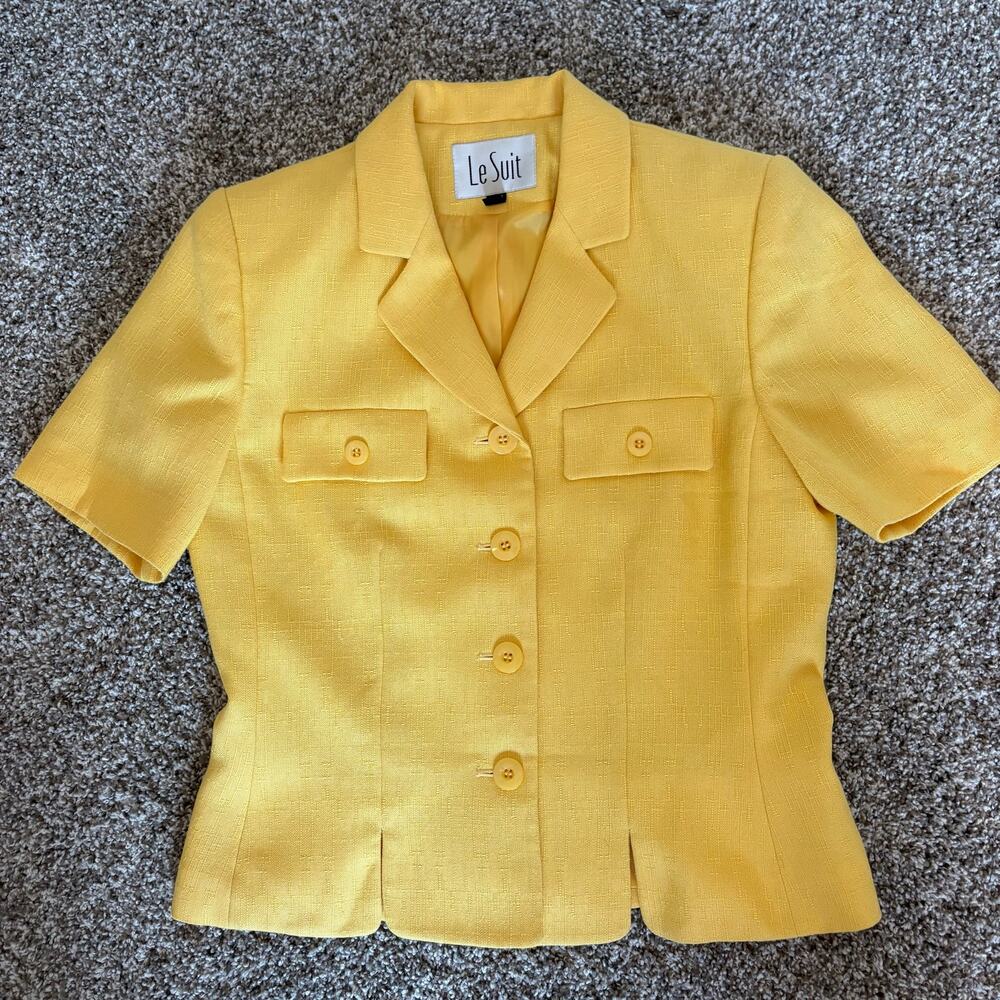 Vintage Le Suit Sunshine Lemon Yellow Fitted Blazer Y2K Mod Short Sleeve Size 6